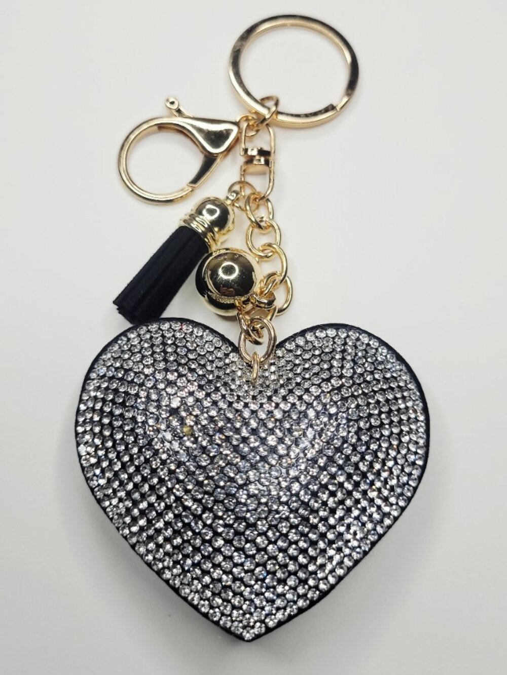 NWT Large Black, Silver And Gold Sparkle Heart Keychain, Purse Charm With Tassel